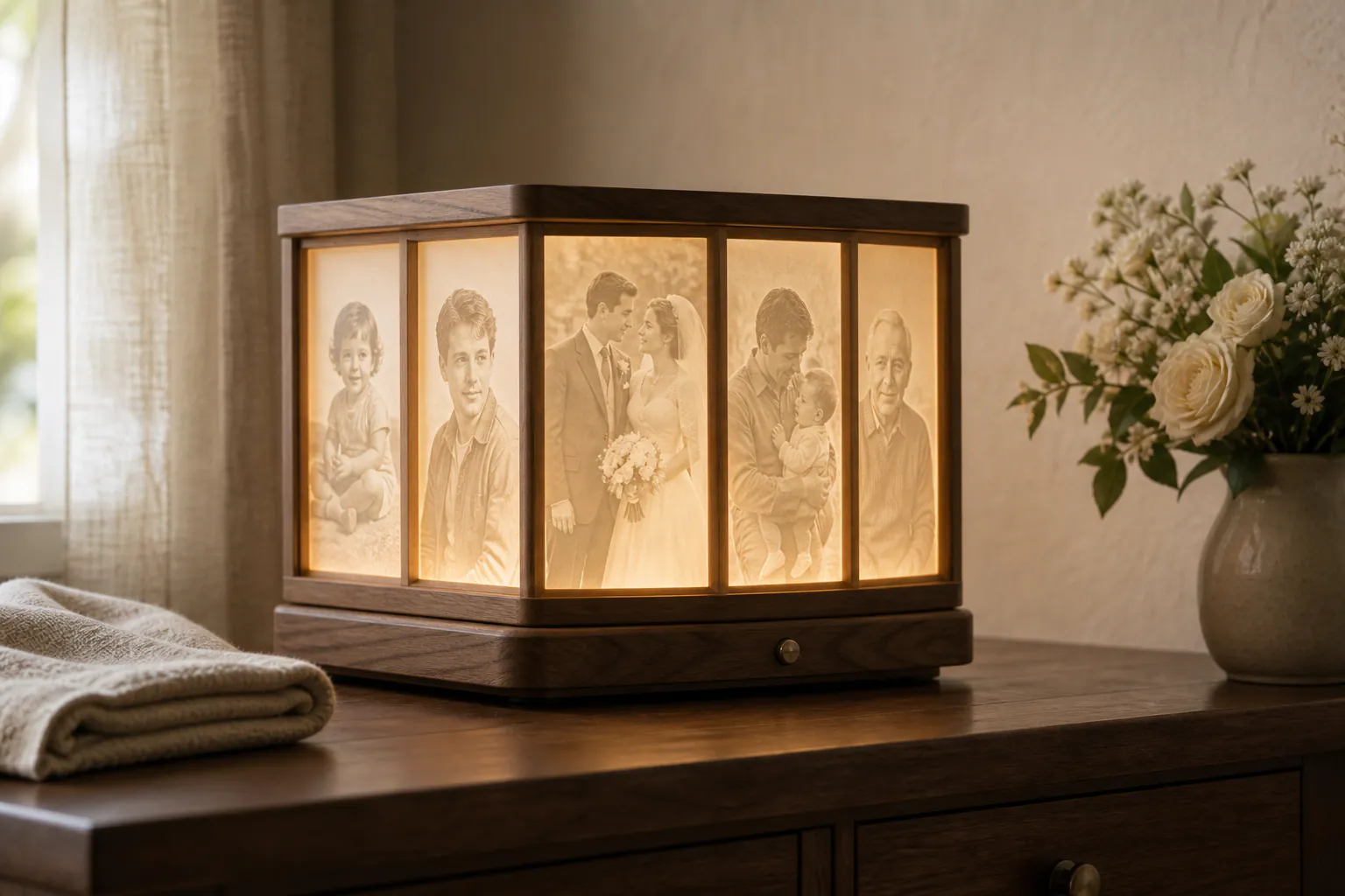 A softly illuminated remembrance cube displaying photographs from across a loved one's life