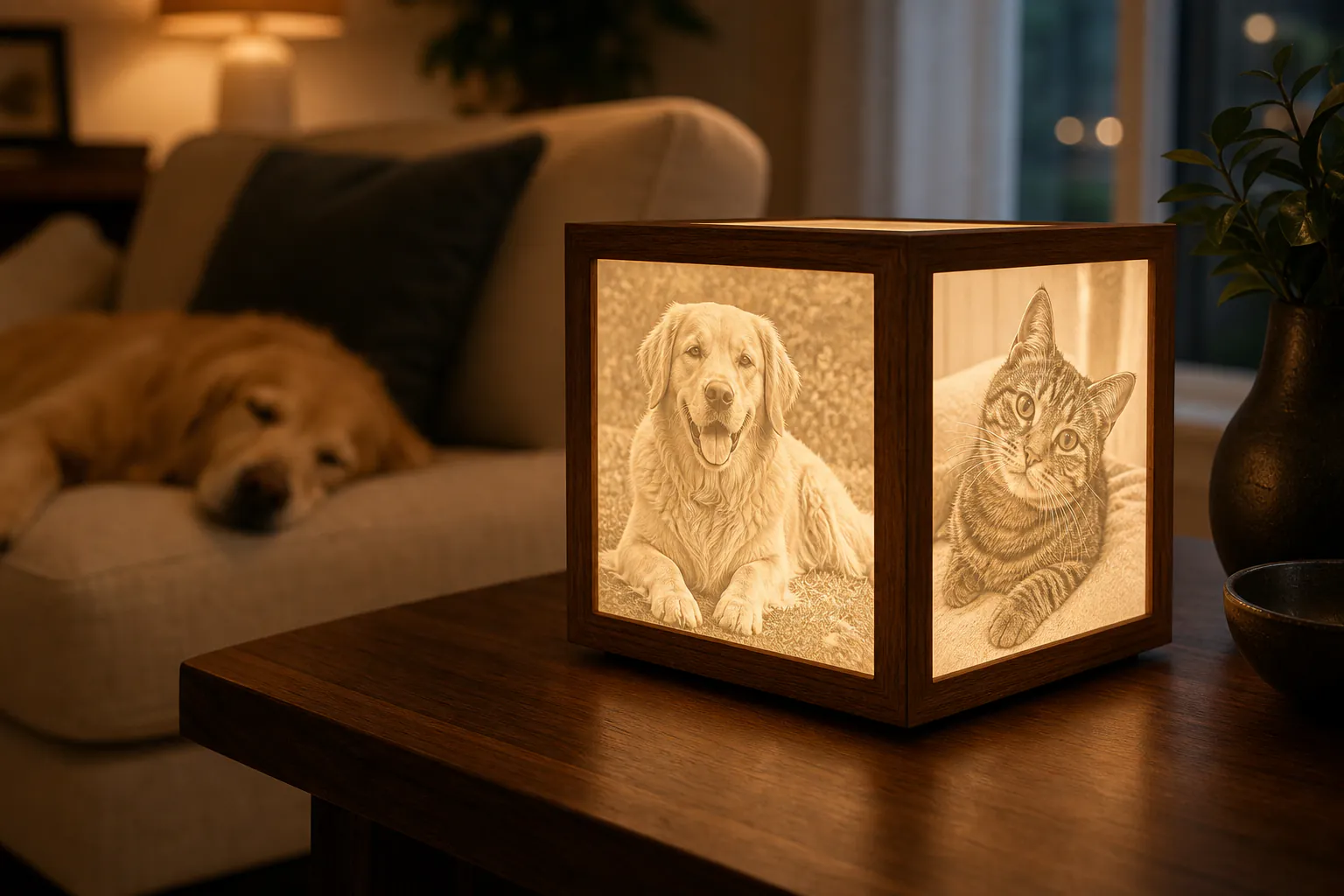 An illuminated Memory Cube featuring affectionate photographs of a family dog