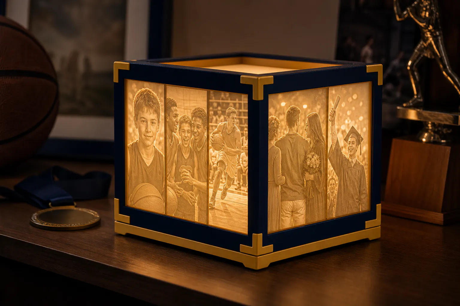 An illuminated photo cube celebrating a student athlete and their school team