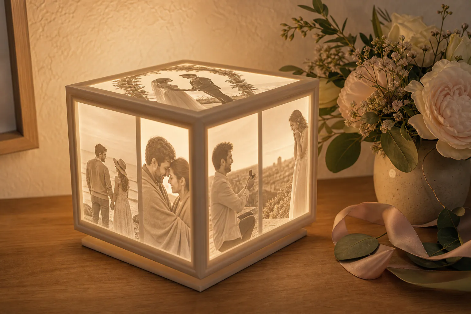 A glowing photo cube featuring a couple's relationship and wedding celebration