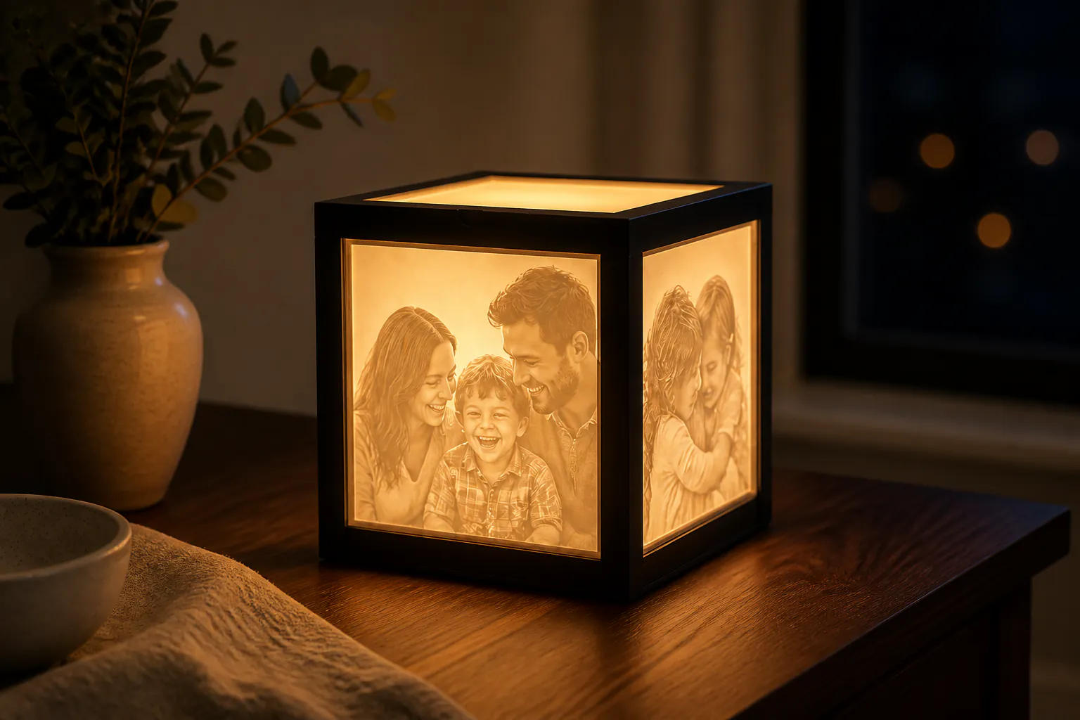Warm light revealing family photos on the cube panels
